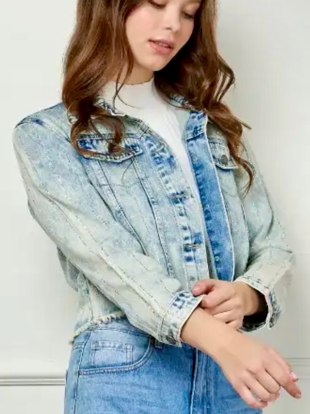Striped Rhinestone Distressed Denim Jacket - Picture 7 of 12